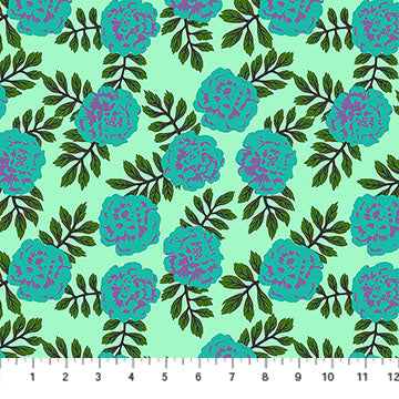 a repeating pattern of blue flowers with green leaves on a light green background.