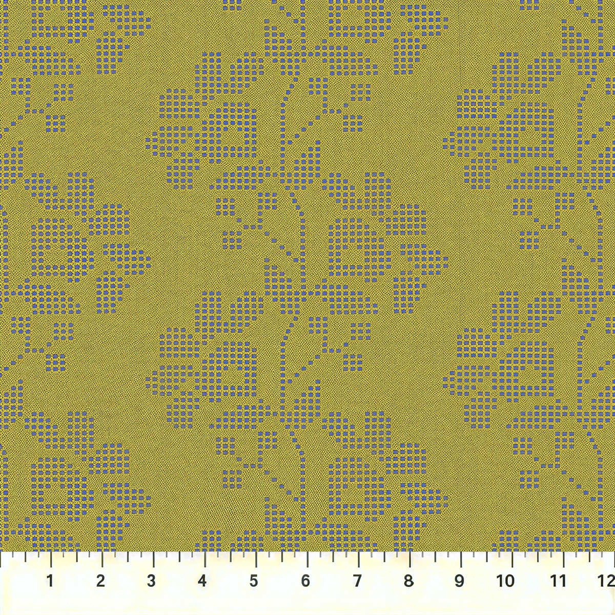 The image is a repeating pattern of yellow flowers with blue dots, creating a visually striking and intricate design.