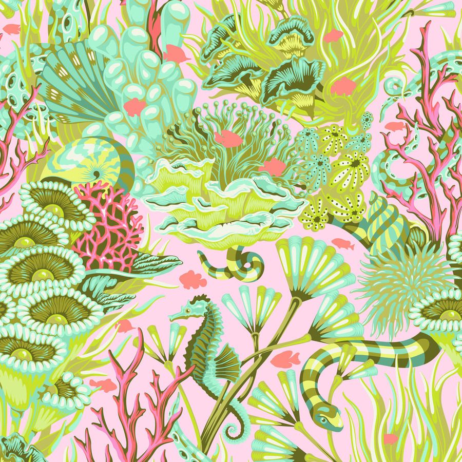 The image is a vibrant and colorful illustration of a lush underwater scene, featuring a variety of marine life and plants in shades of green, pink, and blue.