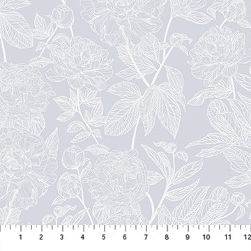 a repeating pattern of white flowers and leaves on a light blue background.