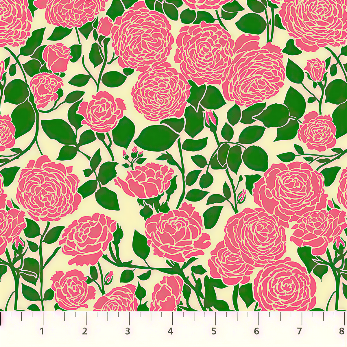 a repeating pattern of pink roses with green leaves against a yellow background.