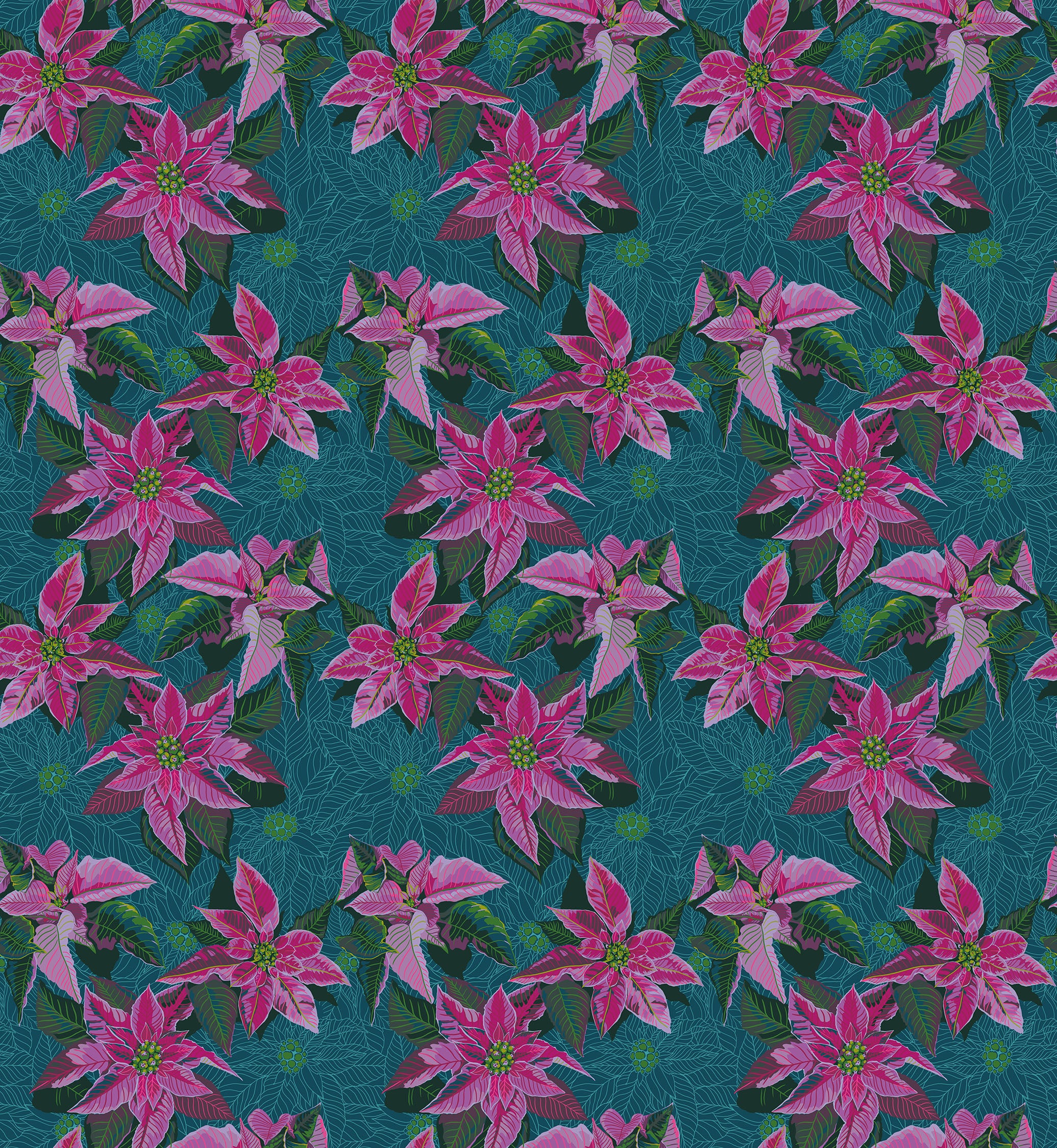 a repeating pattern of pink poinsettia flowers against a dark blue background.