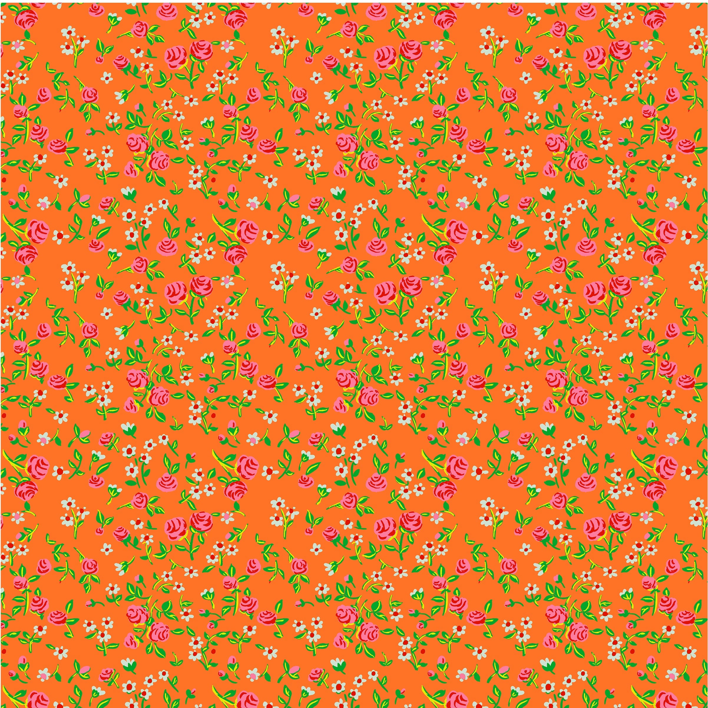 an orange background with pink flowers and green leaves