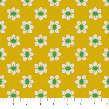 a repeating pattern of white flowers with green centers against a yellow background.