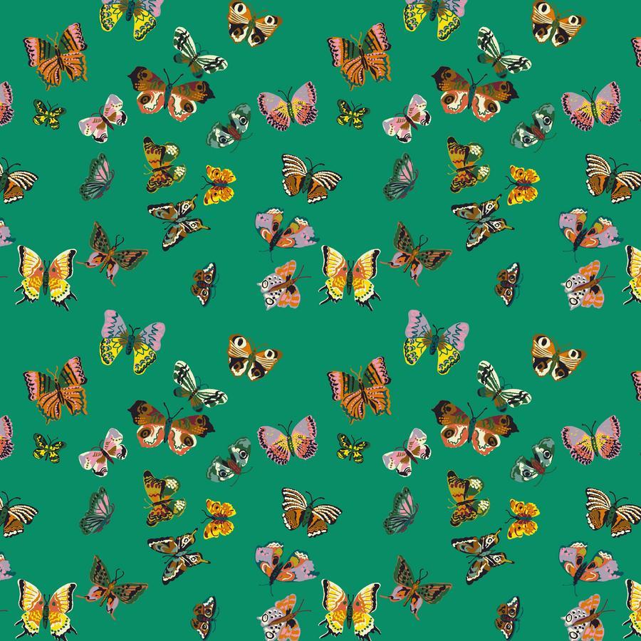 The image is a vibrant and colorful pattern of various butterflies in different shapes, sizes, and colors against a bright green background.