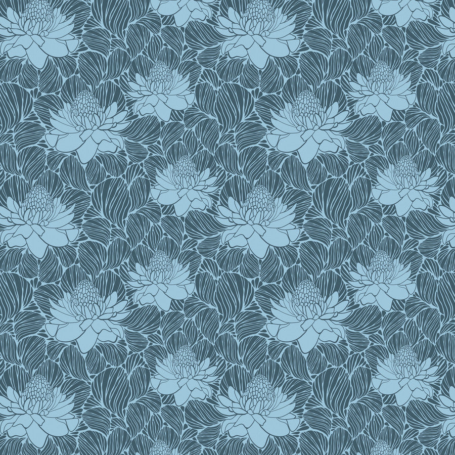 a repeating pattern of stylized blue flowers with green leaves against a dark blue background.