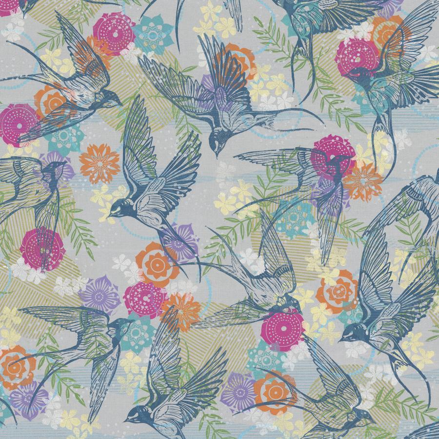 The image is a vibrant and colorful pattern featuring stylized illustrations of birds in flight, surrounded by various flowers and leaves in shades of pink, orange, yellow, and green.