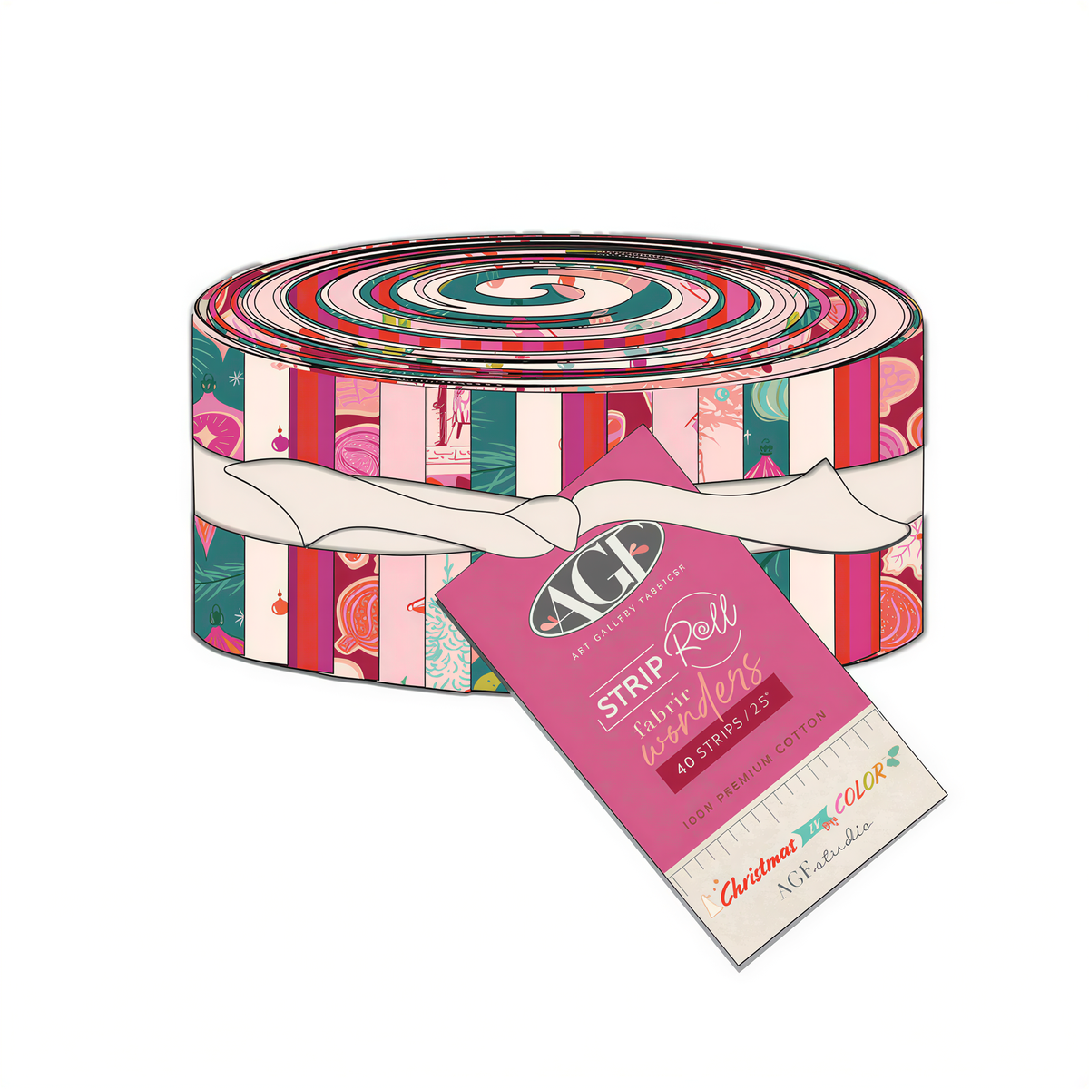A colorful, striped spool of thread with a pink label attached, indicating it is a Christmas-themed spool.