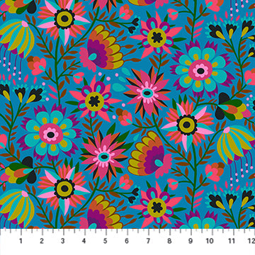 The image is a vibrant and colorful floral pattern with various flowers and leaves in shades of pink, blue, green, and yellow. The pattern is composed of multiple images, creating a visually striking and intricate design.