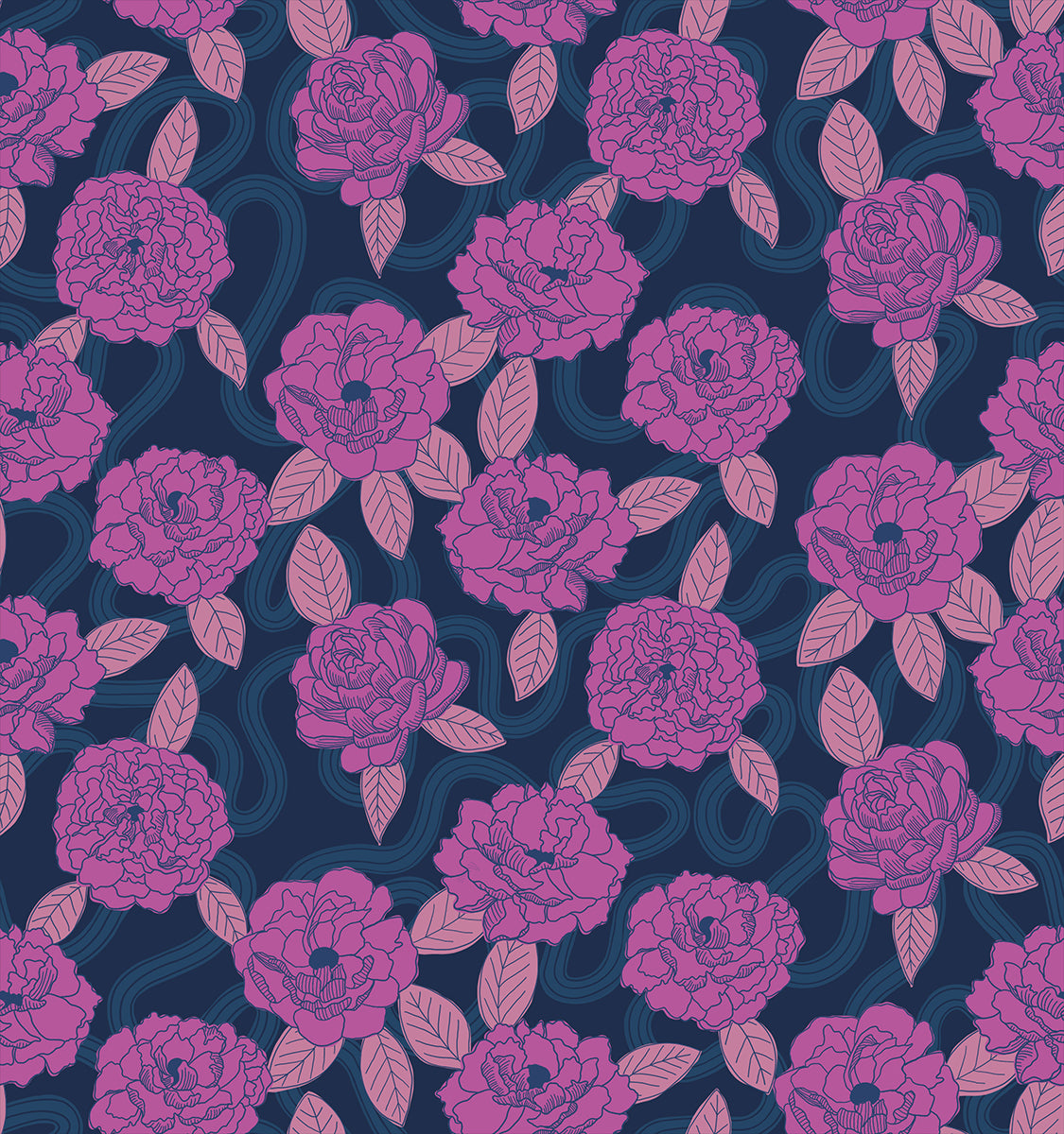 a purple and pink flower pattern on a blue background