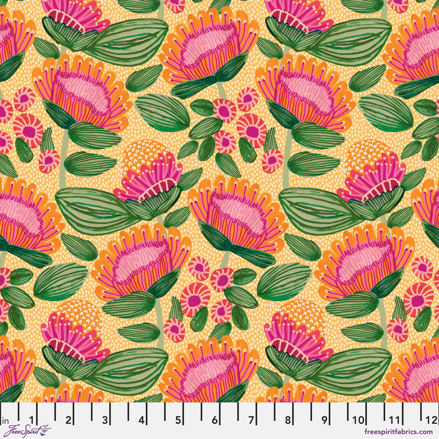 a vibrant and colorful pattern of flowers and leaves in shades of orange, pink, and green. The pattern is composed of various flowers and leaves, creating a visually appealing and lively design.
