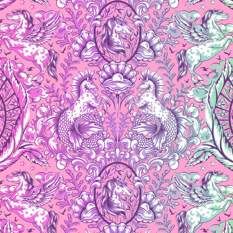 The image is a vibrant and intricate pattern featuring various fantastical creatures and elements, including unicorn, mermaid, and winged horses, all set against a pink and purple background.