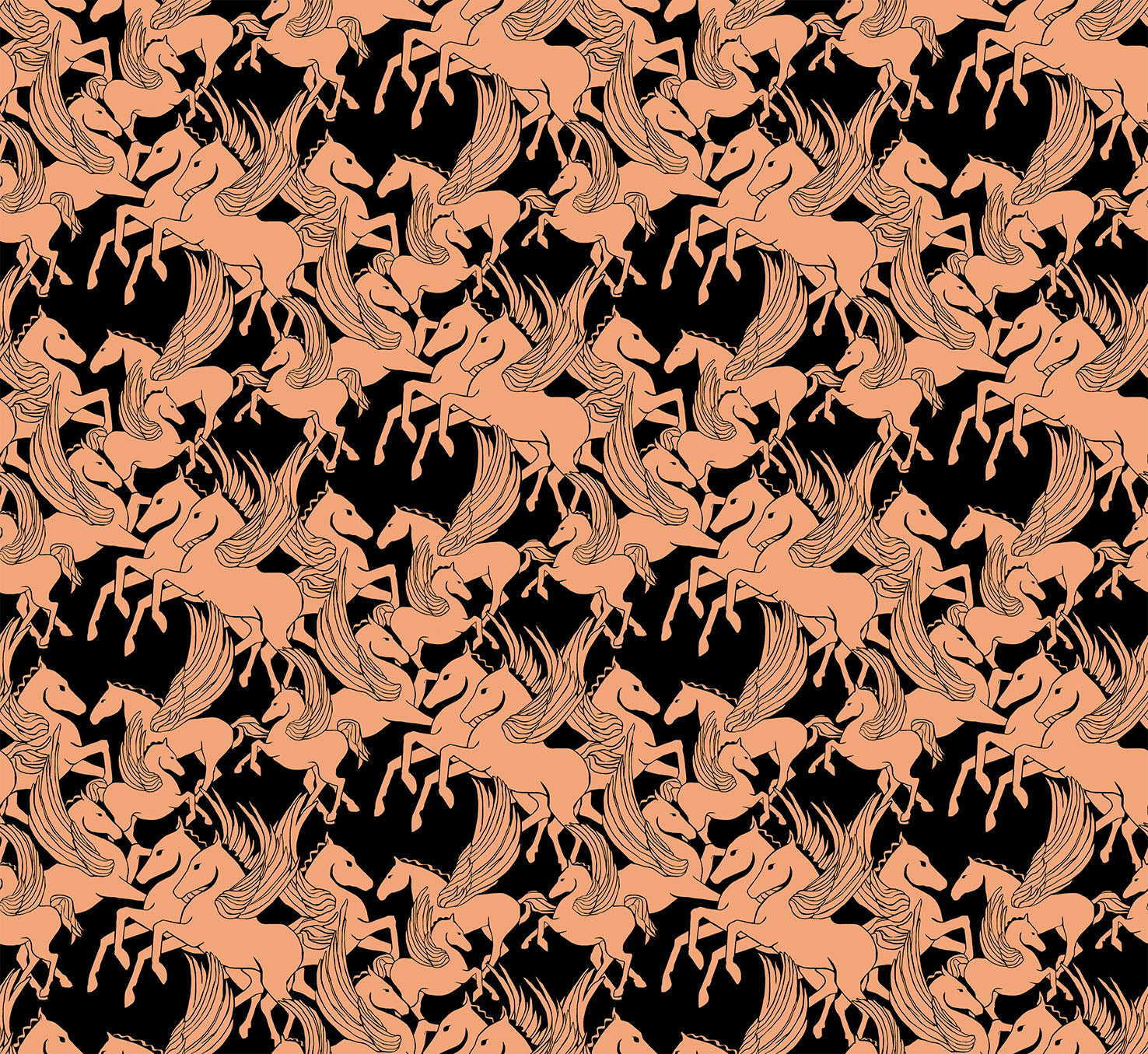 a repeating pattern of stylized horses in shades of orange and black against a dark background.