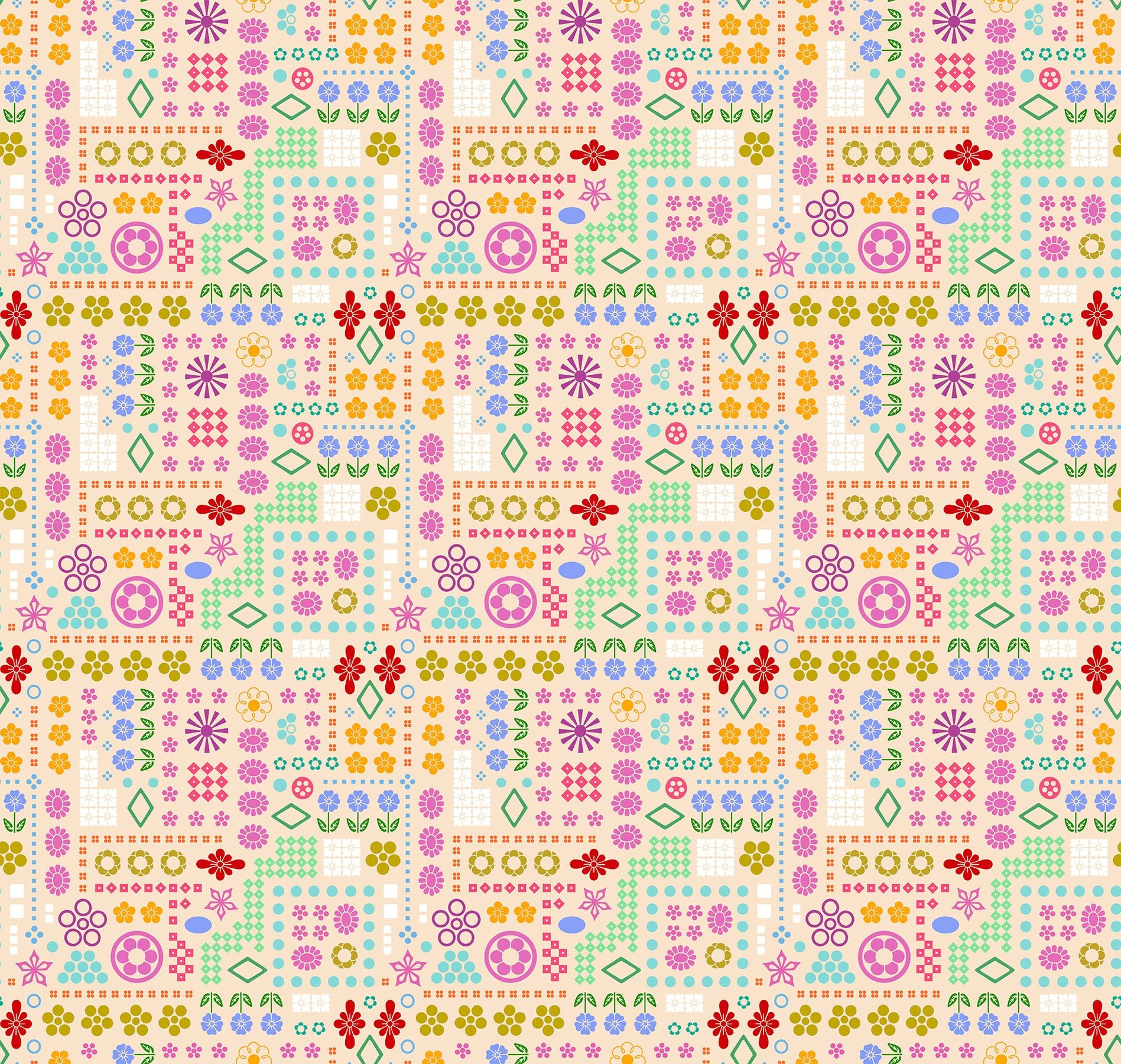 The image is a repeating pattern of various colorful shapes and designs, including flowers, geometric shapes, and abstract elements, arranged in a grid-like pattern.