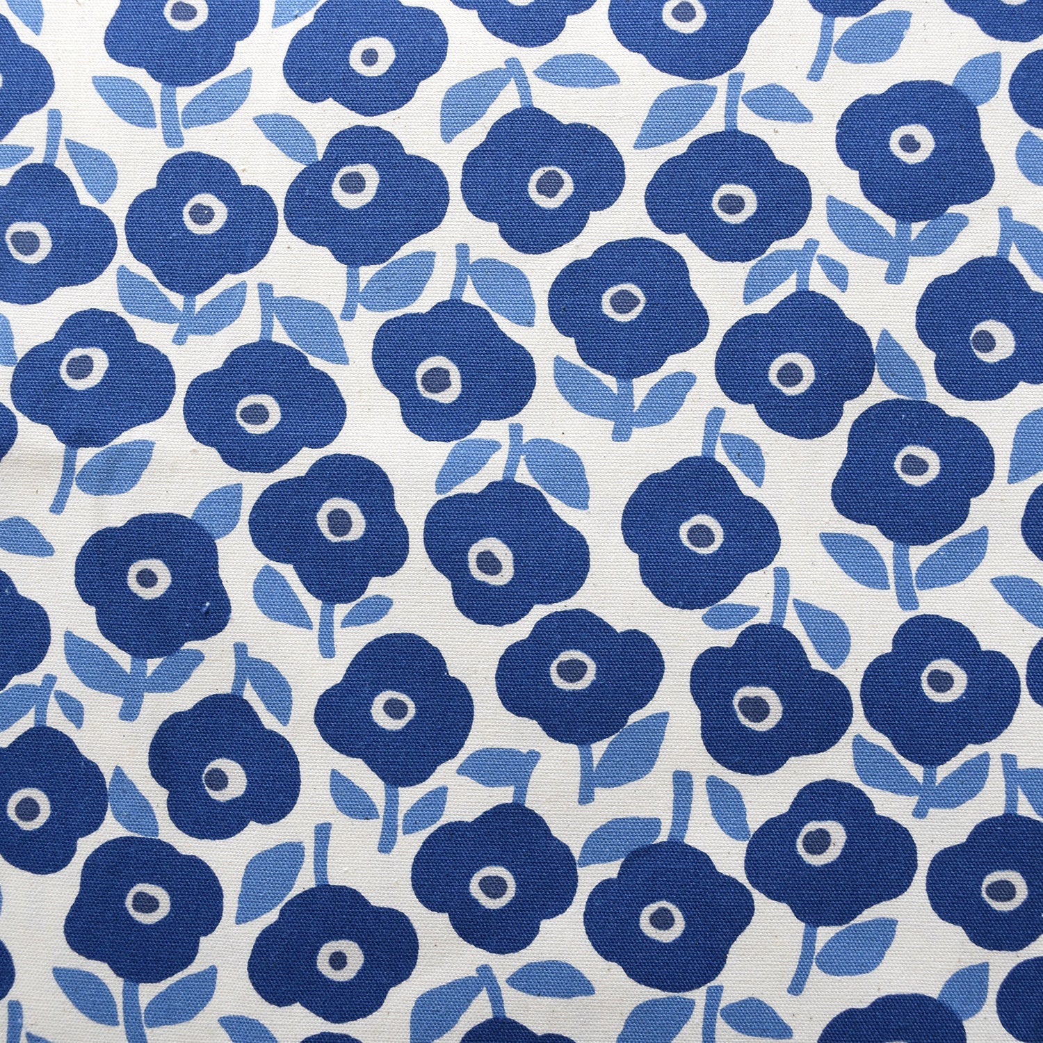 a repeating pattern of blue flowers with white centers and green leaves on a white background.