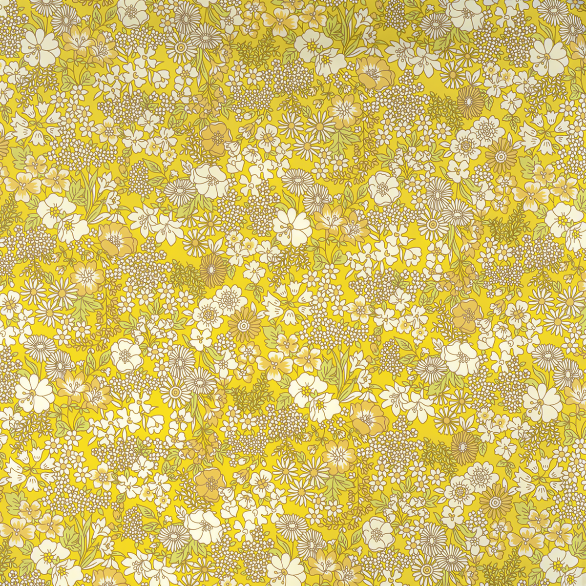The image is a vibrant and colorful collage of various flowers and plants in shades of yellow, white, and brown. The pattern is intricate and detailed, with each flower and plant contributing to the overall visual appeal of the design.