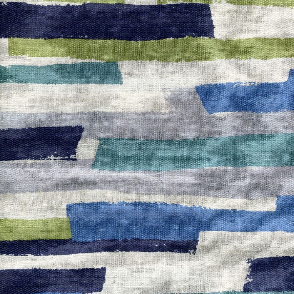 The image is a close-up of a fabric with a striped pattern in various shades of blue, green, and gray.
