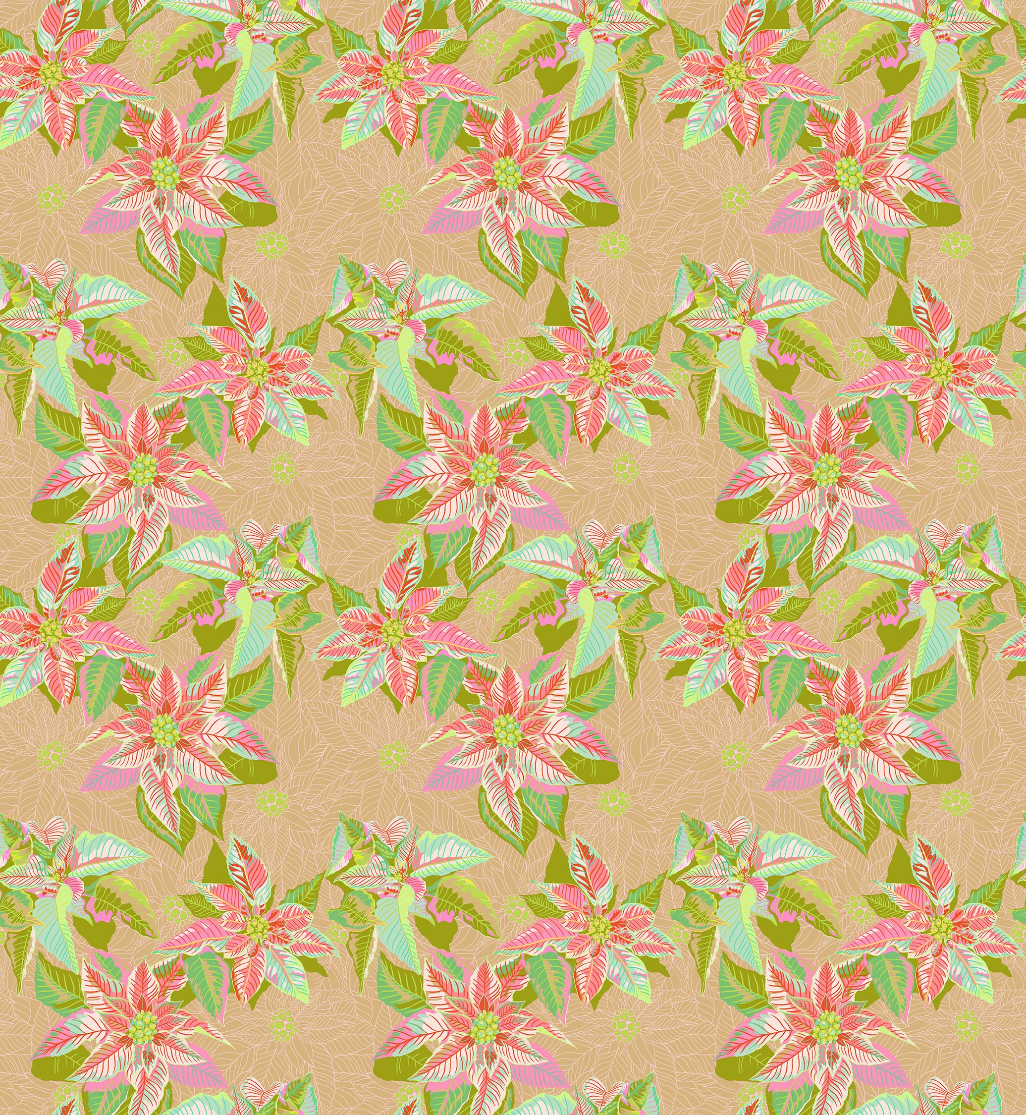 The image is a repeating pattern of colorful flowers and leaves on a beige background.
