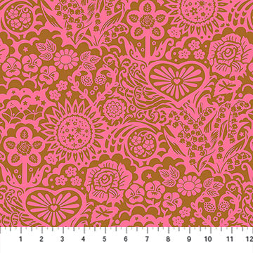 The image is a vibrant and intricate pattern featuring a variety of flowers and floral designs in shades of pink and brown. The pattern is composed of numerous individual flowers and leaves, creating a visually striking and detailed design.