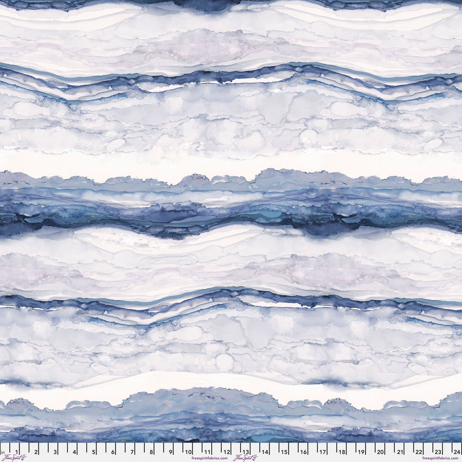 The image is a repeating pattern of wavy lines in shades of blue and white, creating a sense of movement and rhythm across the surface.