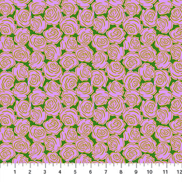 a repeating pattern of pink roses on a green background.