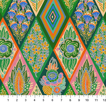 The image is a vibrant and colorful collage featuring a variety of flowers and leaves in shades of green, orange, and pink. The pattern is composed of diamond shapes, creating a visually striking and intricate design.
