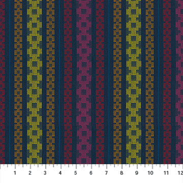 a fabric with a repeating pattern of vertical stripes in various colors, including blue, yellow, and red. The pattern is composed of multiple rows of stripes, creating a visually striking and vibrant design.