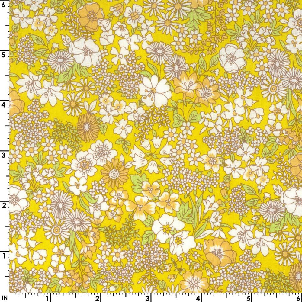 The image is a vibrant and colorful fabric with a repeating pattern of various flowers and leaves in shades of yellow, white, and orange. The pattern is intricate and detailed, creating a visually appealing and lively design.