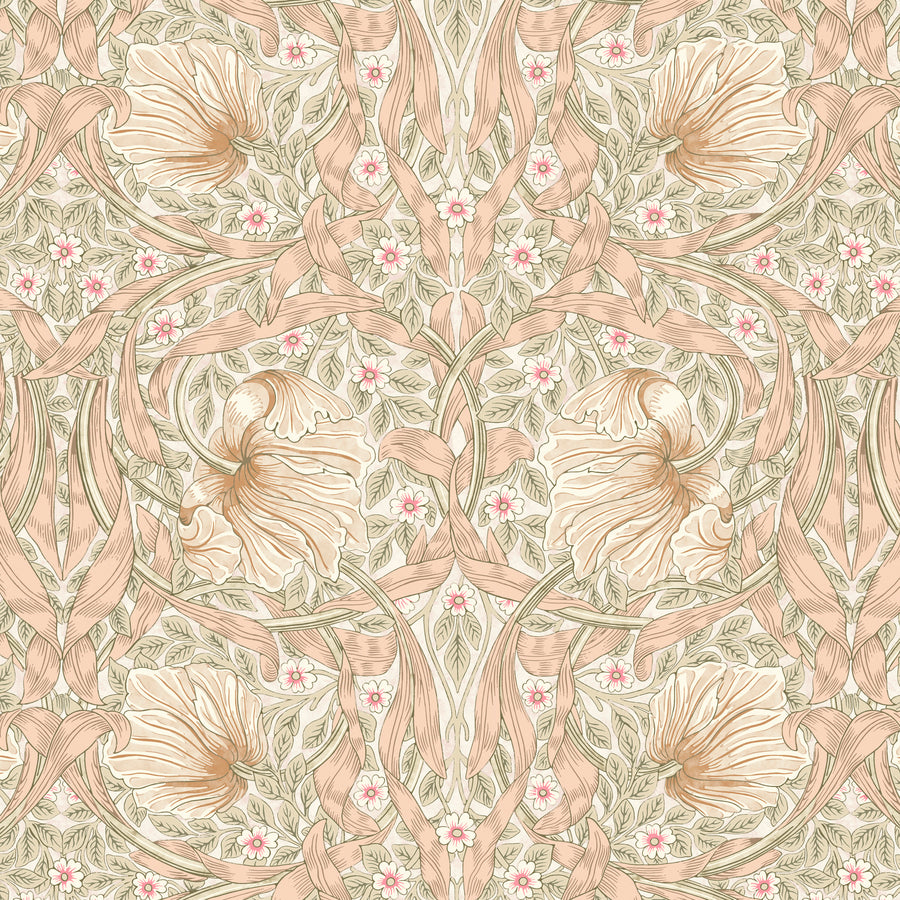 a repeating pattern of pink and green floral and leaf designs, creating a visually appealing and intricate design.