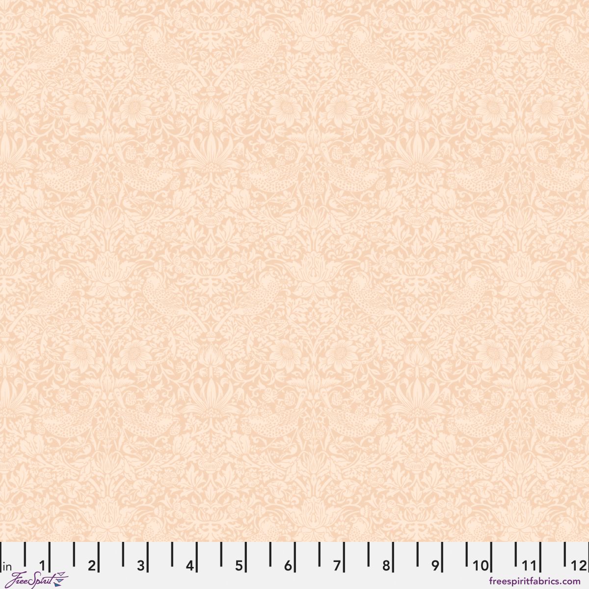The image is a repeating pattern of a light peach color, featuring a floral design. The pattern is displayed on a fabric surface, and there is a ruler at the bottom of the image for scale.