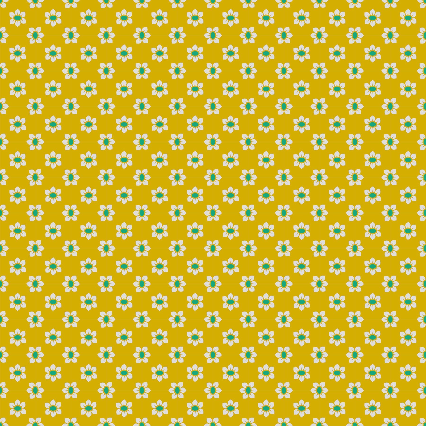 a repeating pattern of white and green flowers against a yellow background.