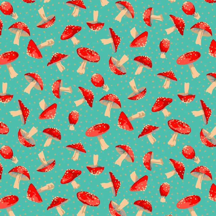 a pattern of red and white mushrooms against a teal background.