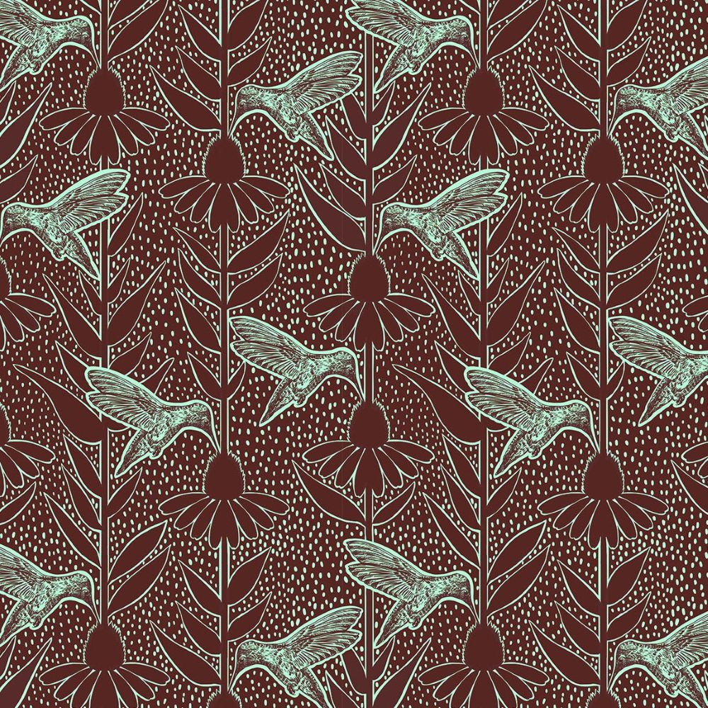a repeating pattern of stylized hummingbird silhouettes against a dark brown background with white speckles, creating a visually striking and intricate design.