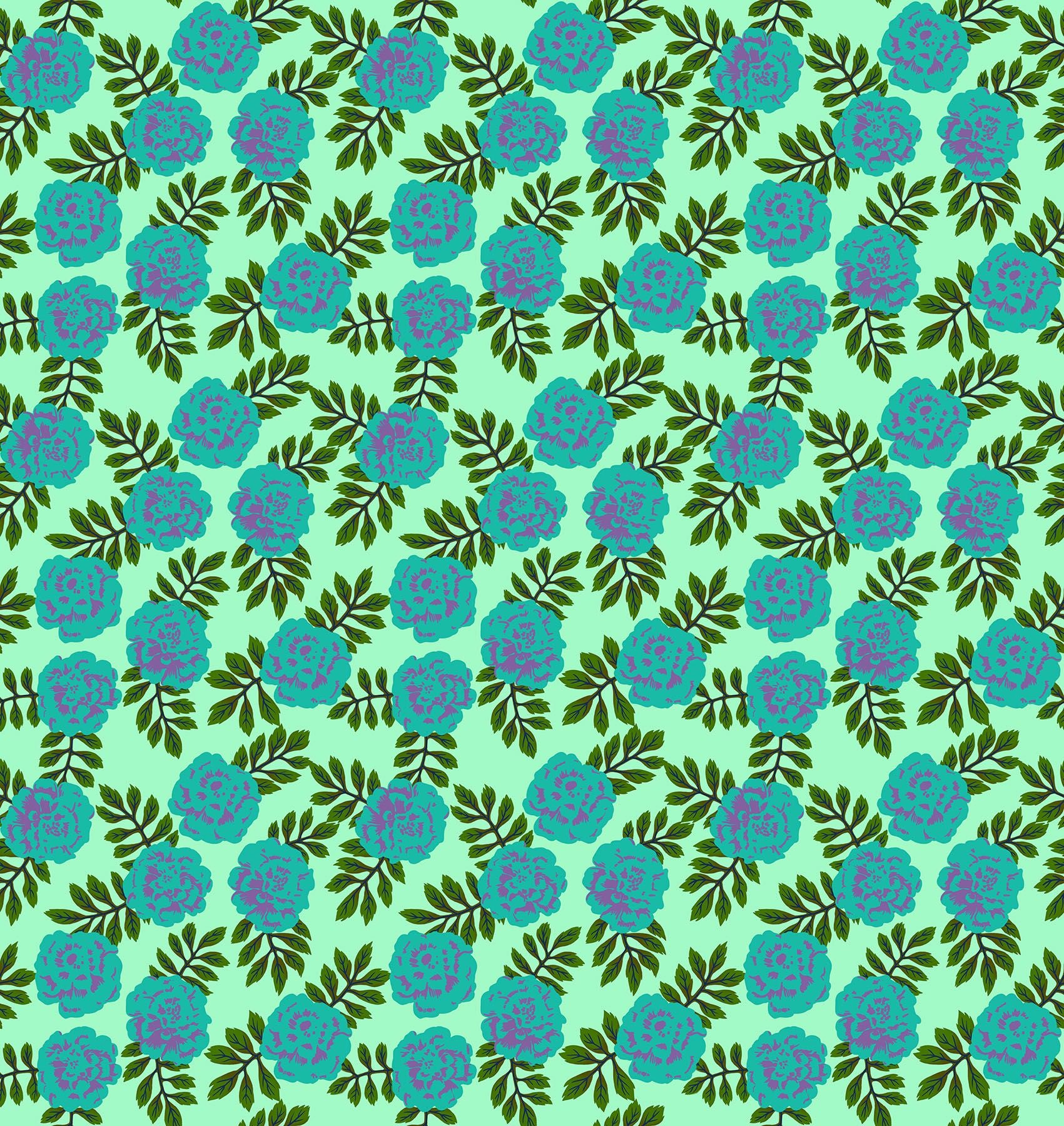 a repeating pattern of blue flowers with green leaves on a light green background.