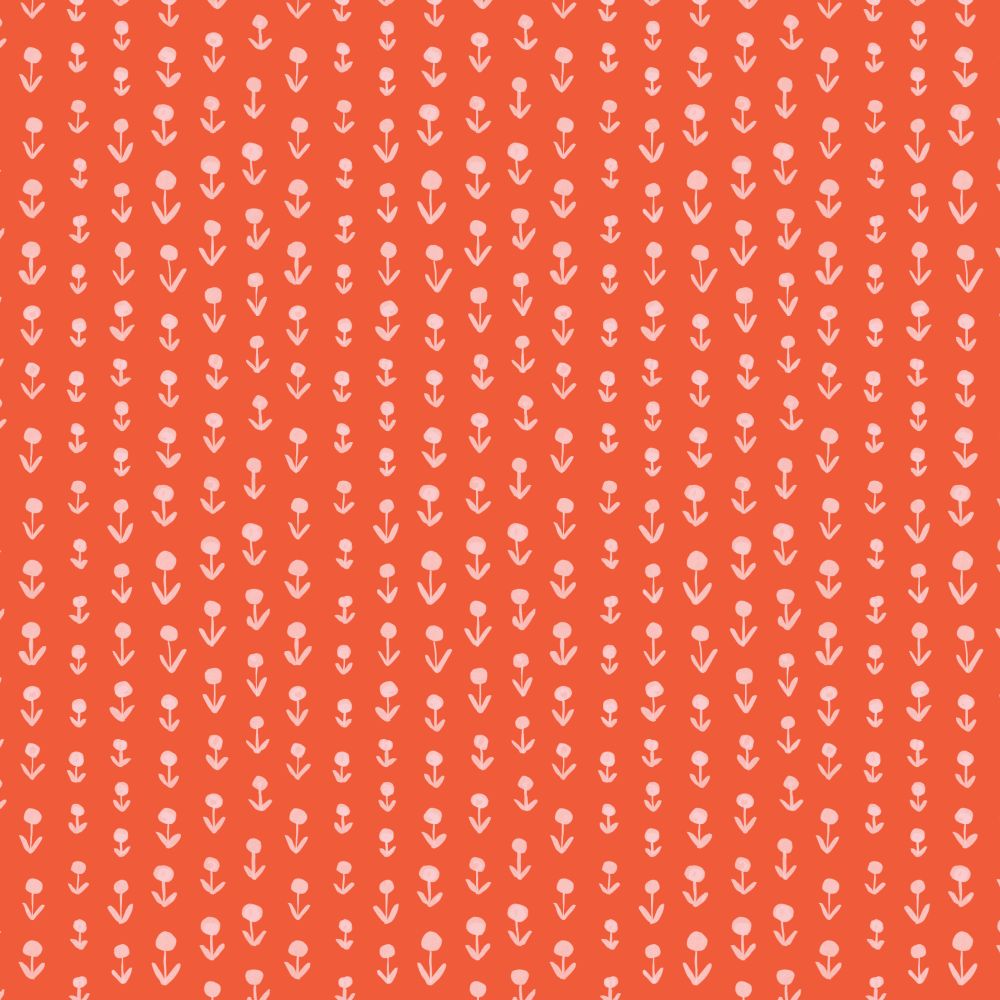 a repeating pattern of small white flowers or plants against a bright orange background.