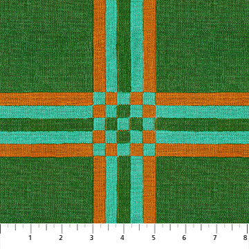 a vibrant and colorful pattern with a repeating geometric design in shades of green, orange, and blue.