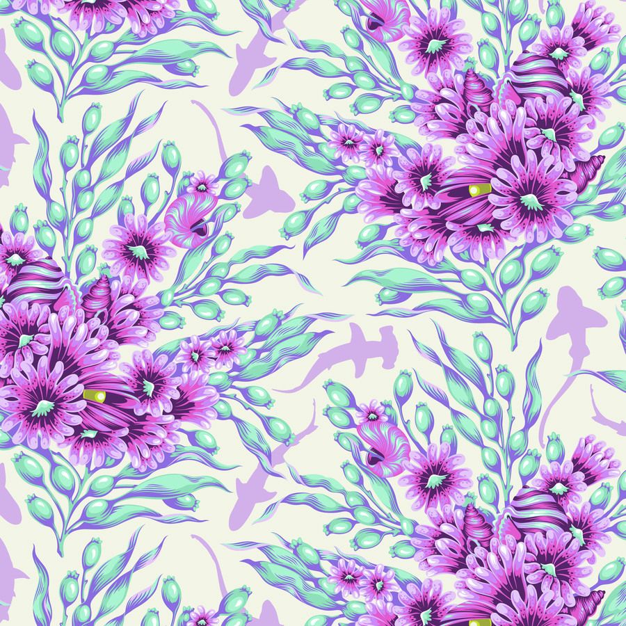 a vibrant and colorful floral pattern with purple and green flowers and leaves. The pattern is composed of various flowers and leaves in shades of purple and green, creating a visually striking and harmonious design.