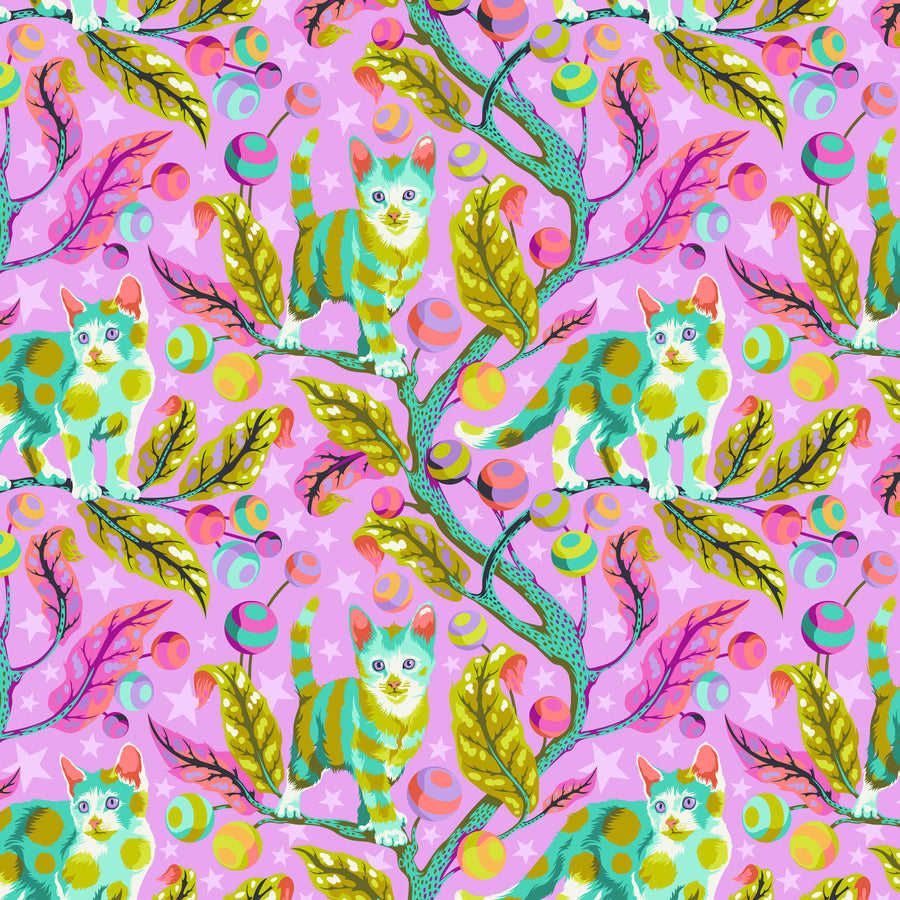 The image is a vibrant and whimsical pattern featuring cats and leaves in shades of pink, green, and yellow against a purple background. The cats are depicted in various poses, with some standing on branches and others sitting on leaves, creating a lively and dynamic scene. The overall composition is visually engaging and playful, with the colors and shapes creating a sense of movement and energy.