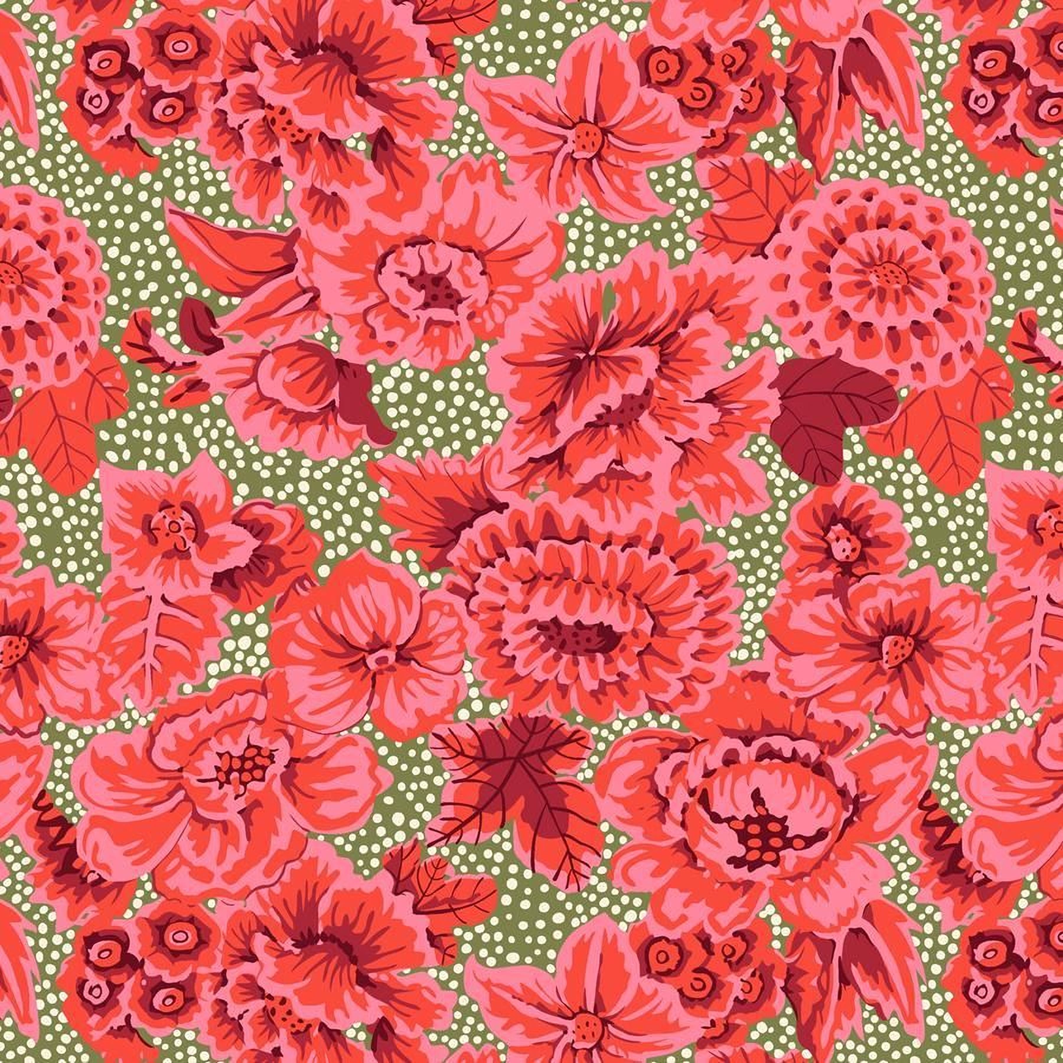 The image is a vibrant and colorful pattern featuring a variety of red and pink flowers against a green background with white polka dots.