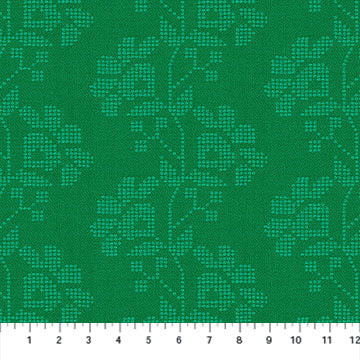 The image is a repeating pattern of green floral designs on a dark green background.