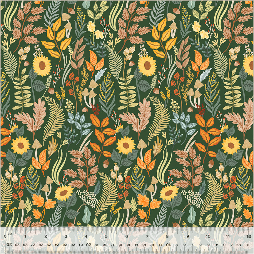 The image is a vibrant and colorful pattern featuring various types of leaves, flowers, and mushrooms in shades of green, yellow, orange, and brown. The pattern is arranged in a repeating design, creating a visually appealing and intricate composition.