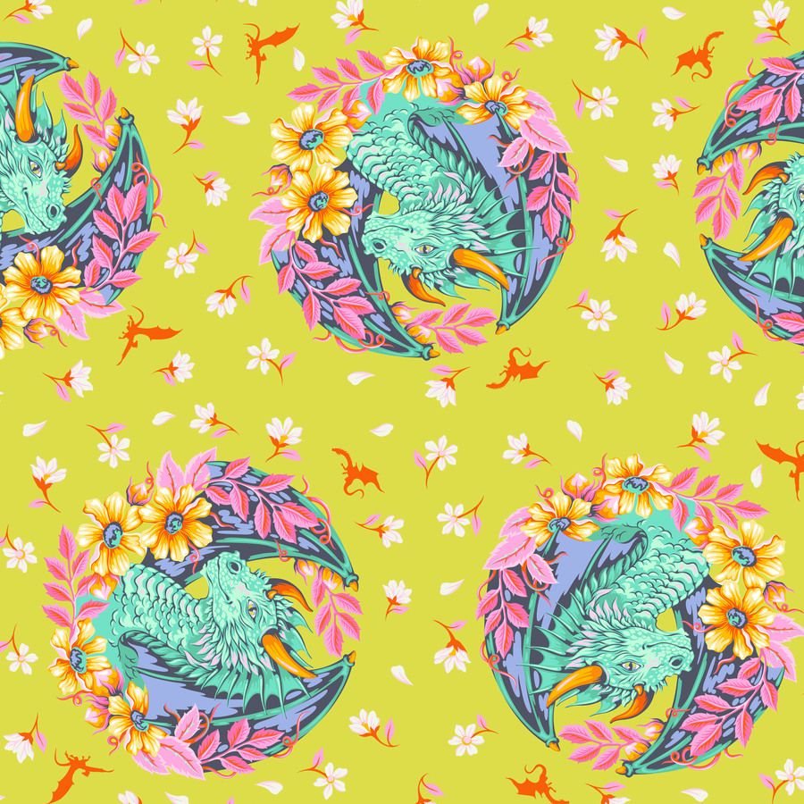 The image is a vibrant and colorful pattern featuring a dragon-like creature surrounded by flowers and leaves against a bright yellow background.