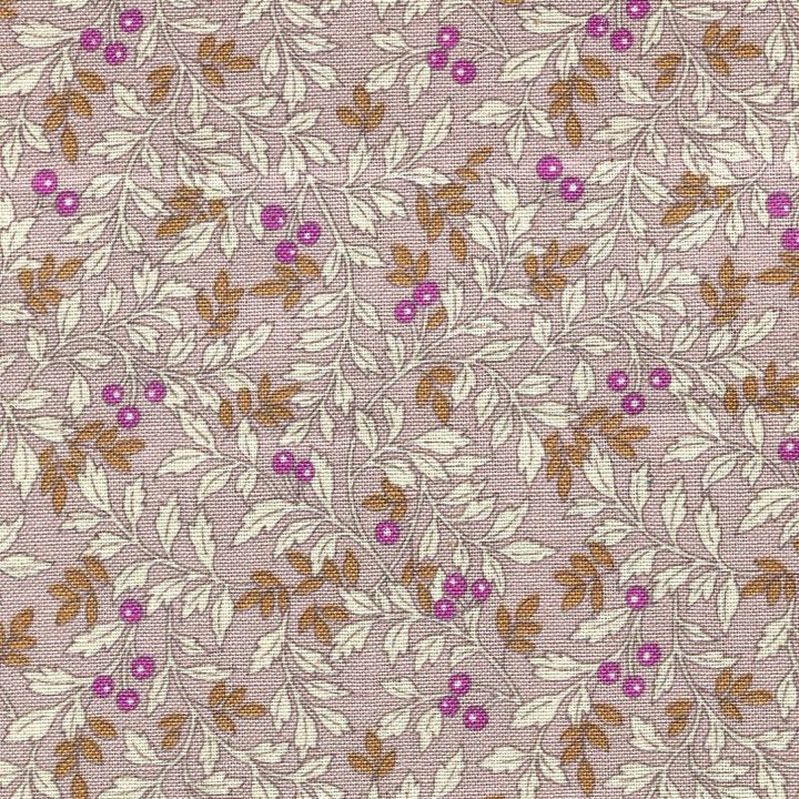 a repeating pattern of purple flowers and leaves on a light pink background.