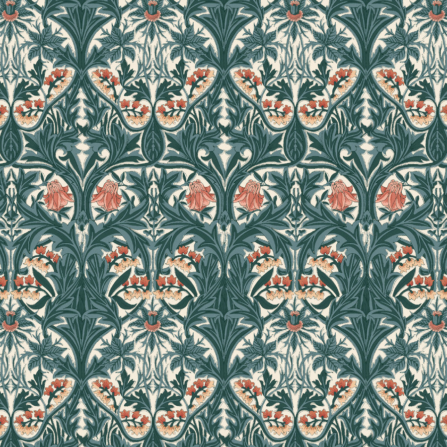 a repeating pattern of green leaves, red flowers, and white flowers arranged in a symmetrical and intricate design.