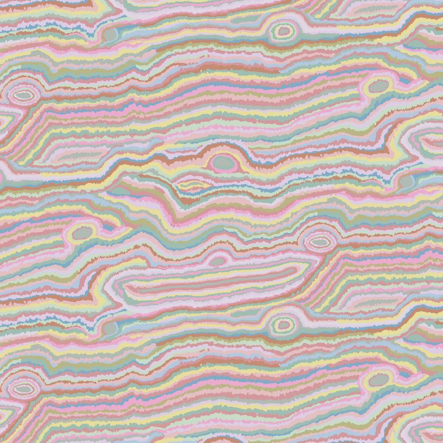 The image is a vibrant and abstract pattern composed of overlapping curved lines in various shades of pink, blue, green, and yellow. The pattern has a dynamic and energetic feel, with the lines and colors creating a sense of movement and rhythm.