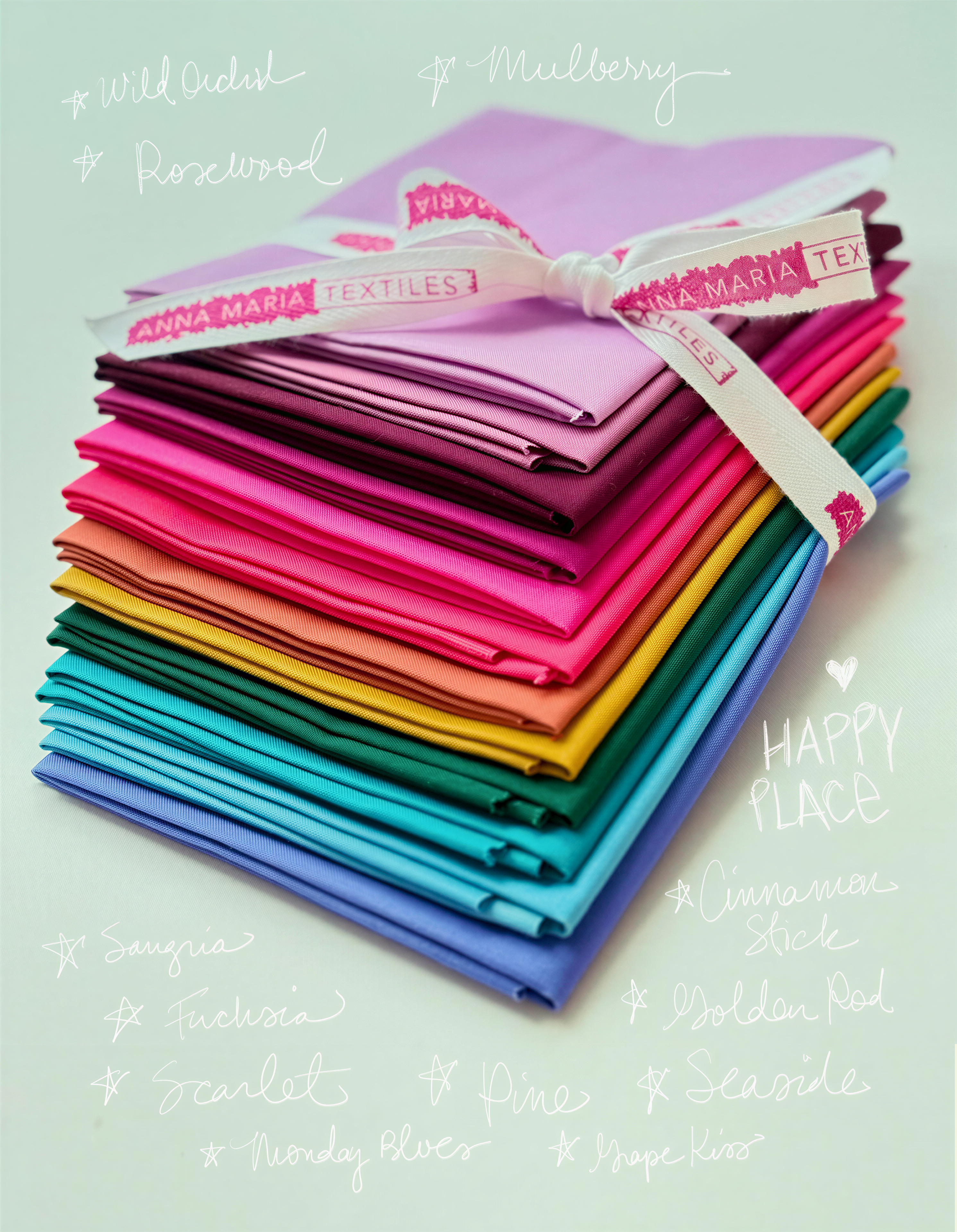 A stack of colorful fabric swatches tied together with a ribbon, accompanied by handwritten text describing the fabrics.