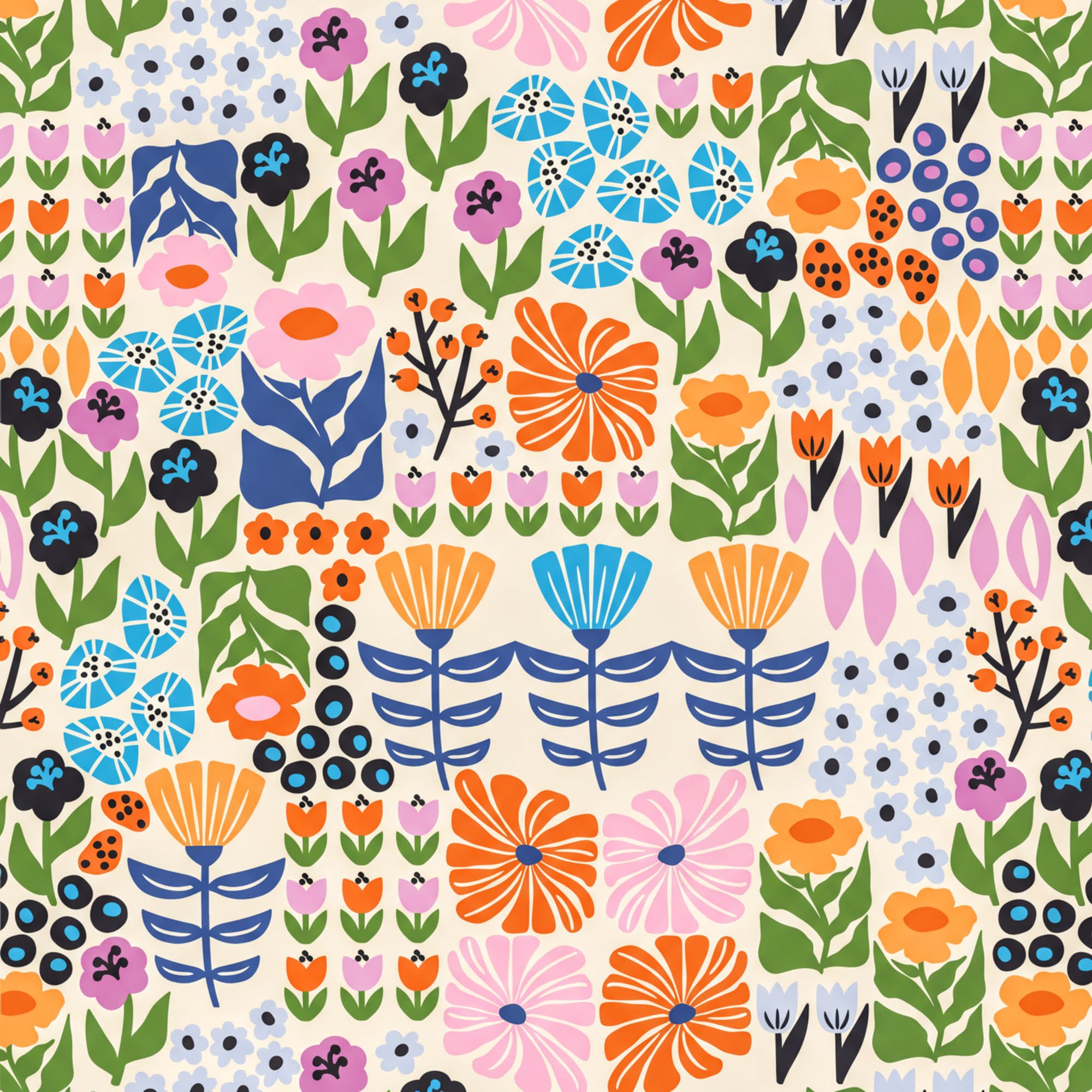 The image is a vibrant and colorful pattern featuring various flowers and leaves in shades of orange, pink, blue, and green. The pattern is composed of multiple repeating floral and leaf designs, creating a visually striking and dynamic composition.