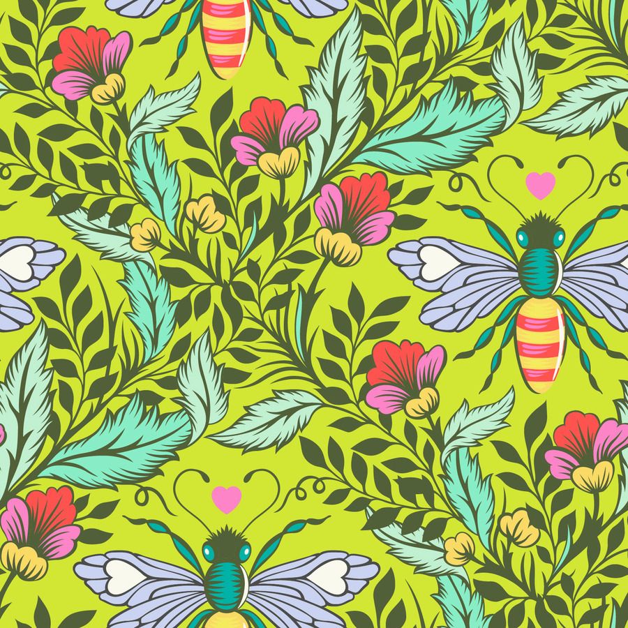 a vibrant and colorful pattern of flowers, leaves, and insects against a bright green background.