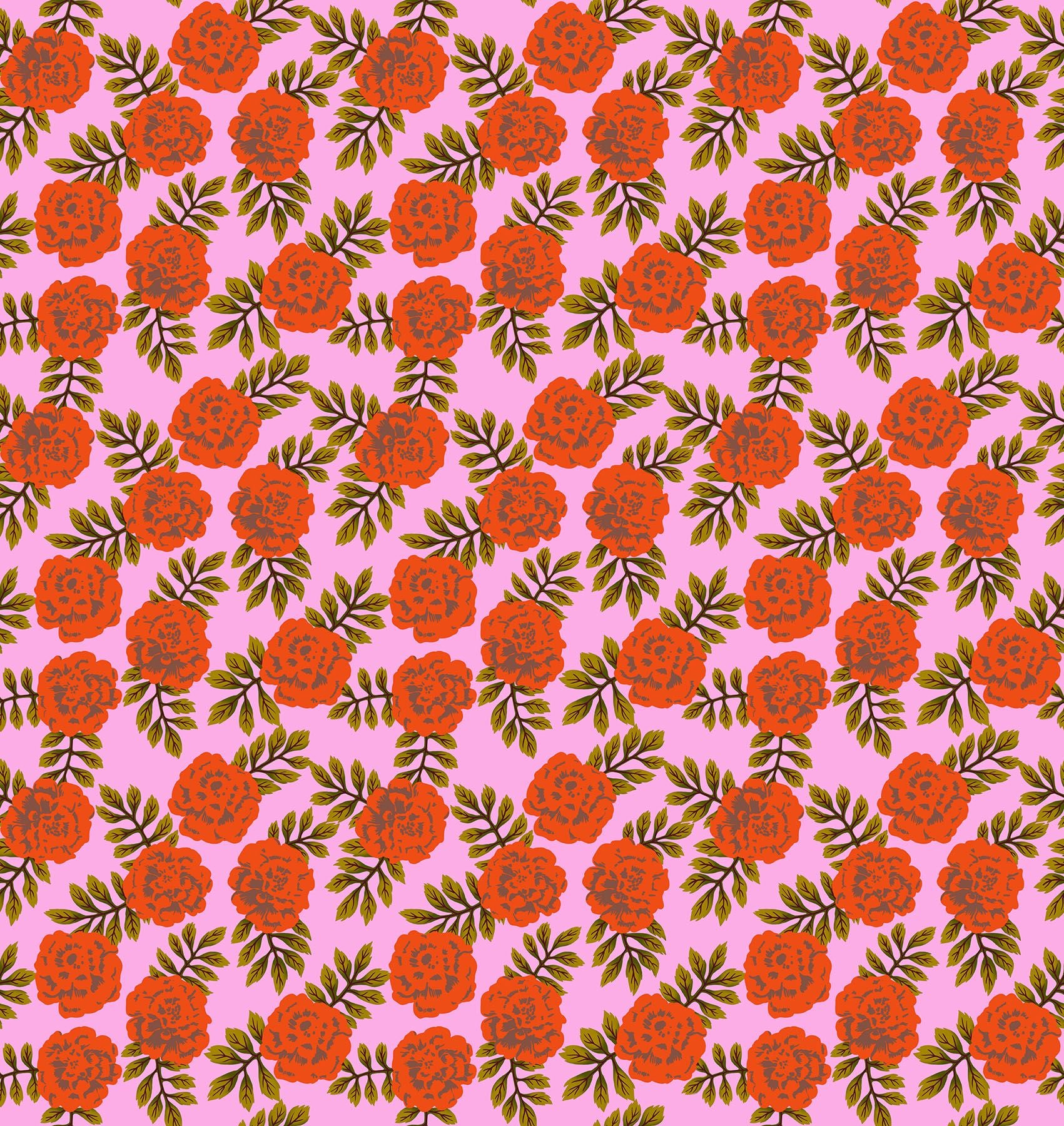 a repeating pattern of red flowers with green leaves against a pink background.