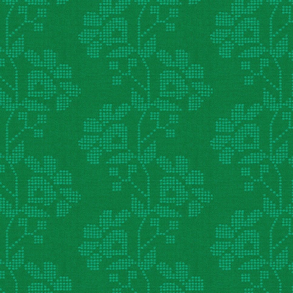 a repeating pattern of green floral designs on a dark green background.